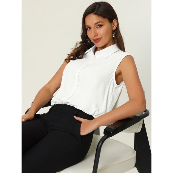 Work Bodysuit Tops Button Down Sleeveless Leotard Shirt White - Picture 2 of 6